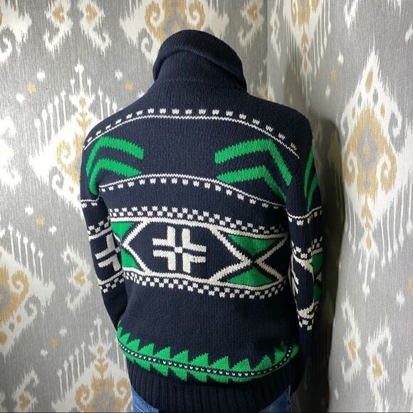 Polo Ralph Lauren Merino Wool Black & Green Multi Geometric Shawl Collar Sweater - Picture 7 of 16